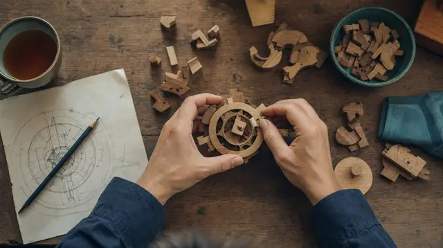 Vue de dessus de mains assemblant un casse-tête mécanique en bois sur un établi