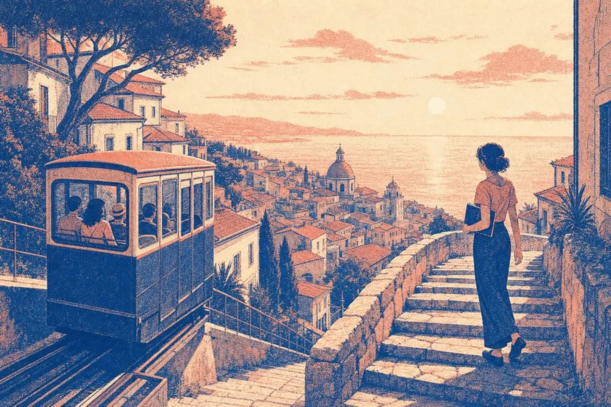 Dans une ville en pente au bord de la mer, une jeune femme fait une pause sur un long escalier de pierre, carnet sous le bras, à côté d’un funiculaire qui monte sans effort