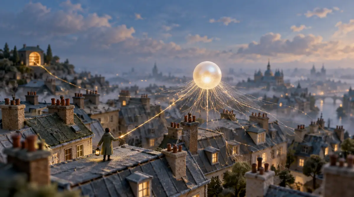 Développer son esprit critique : sur les toits d’une ville miniature au crépuscule, une silhouette à la lanterne suit un seul fil lumineux émis par une sphère brillante pour remonter jusqu’à sa source