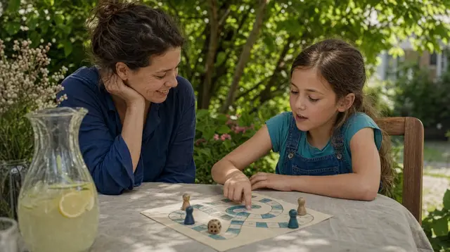 Un parent et un enfant jouent à un jeu de plateau numéroté sur une table de jardin à l’ombre