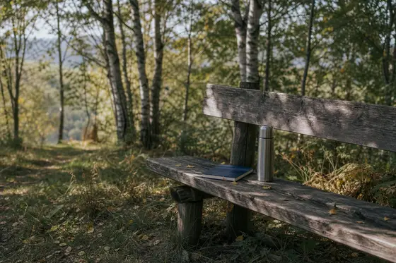 Un banc dans une clairière ensoleillée, un carnet fermé et une gourde posés dessus
