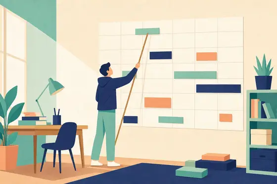 Un étudiant organise des blocs colorés sur un grand calendrier mural