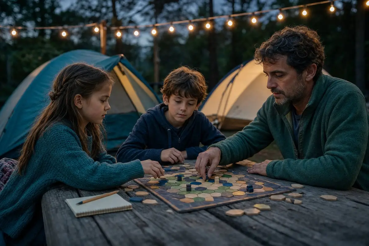 Deux enfants et un adulte jouent à un jeu de tuiles sur une table de camping au crépuscule, sous une guirlande lumineuse