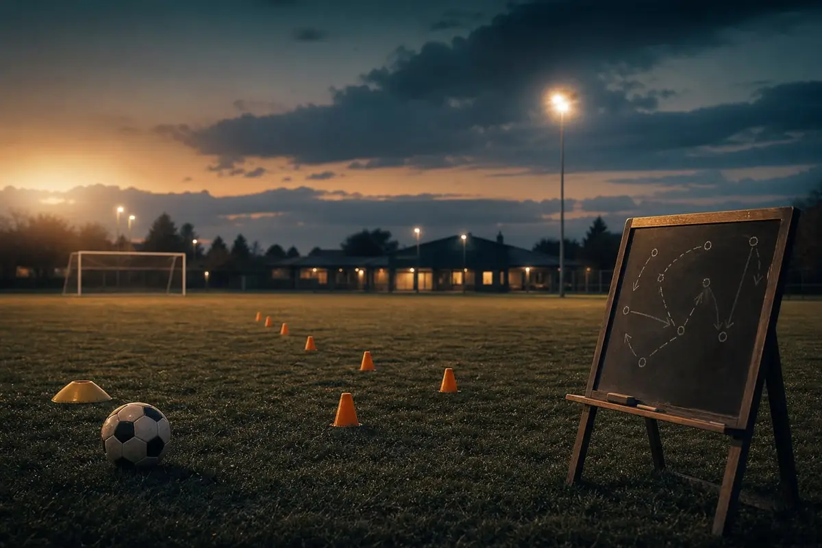 Un terrain de foot d'école au soleil couchant, des plots en slalom et un tableau de tactique à la craie