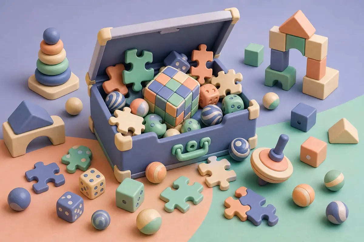Une boîte à jouets renversée : pièces de puzzle, dés, cube et billes, en 3D douce