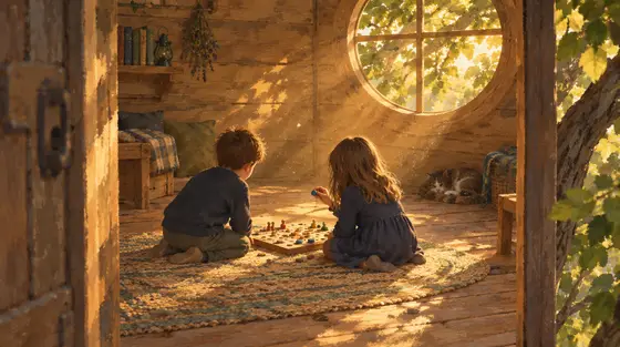 Jeux de concentration : deux enfants absorbés par un jeu de société dans une cabane à la lumière d’une lampe