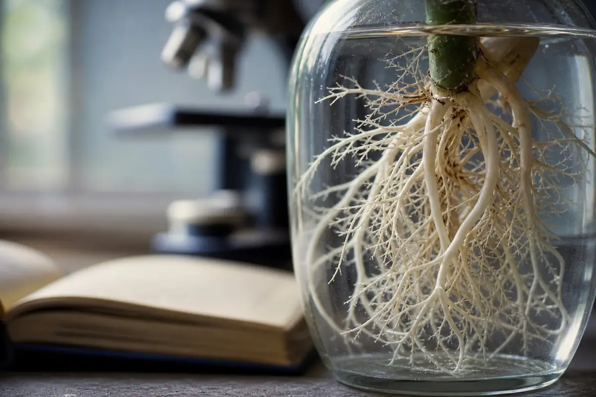 Les racines ramifiées d'une plante dans un bocal d'eau, comme un réseau de neurones