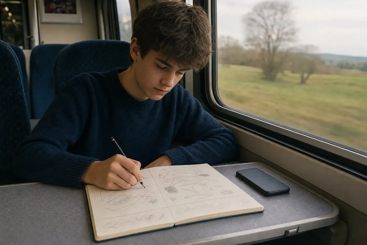 Dans un train qui traverse la campagne, un étudiant prend des notes au crayon dans un carnet dont la page est partagée en zones