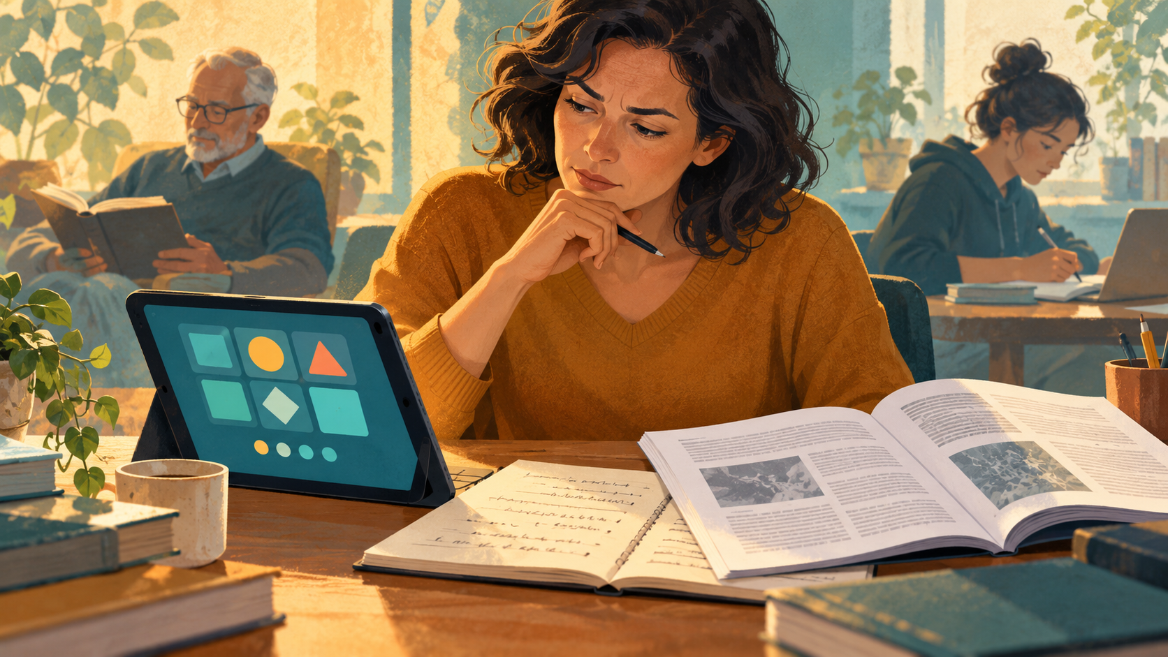 Illustration d’une adulte comparant un jeu cognitif sur tablette avec un article scientifique et ses notes.