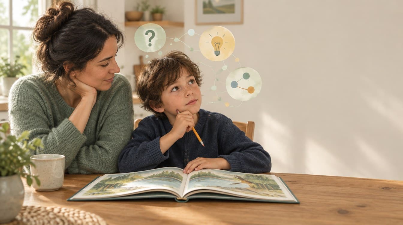 Un enfant d’environ 9 ans lit un album à la table de la cuisine, crayon à la main, à côté d’un parent attentif ; des bulles discrètes figurent une question, une idée et des liens entre idées.