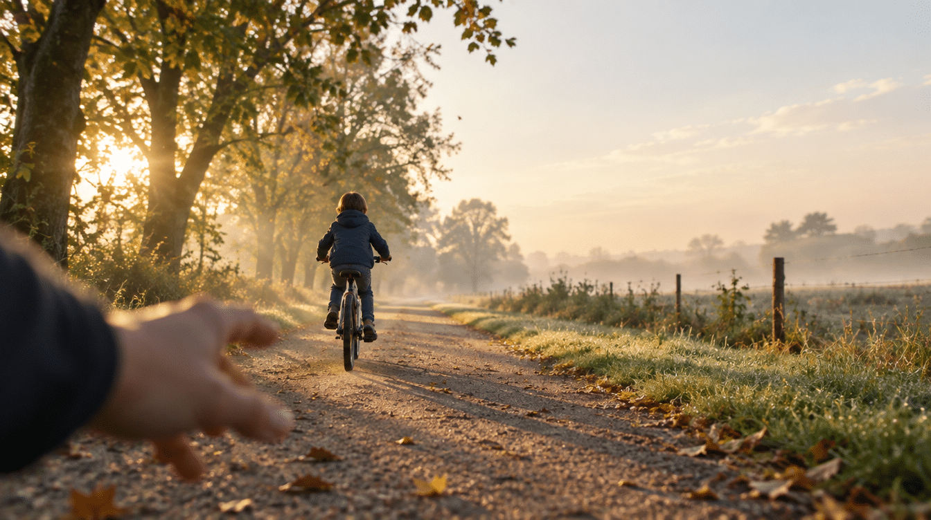 Un enfant vu de dos s'élance seul à vélo sur un chemin de campagne brumeux à l'aube, tandis qu'au premier plan une main d'adulte vient de lâcher la selle.