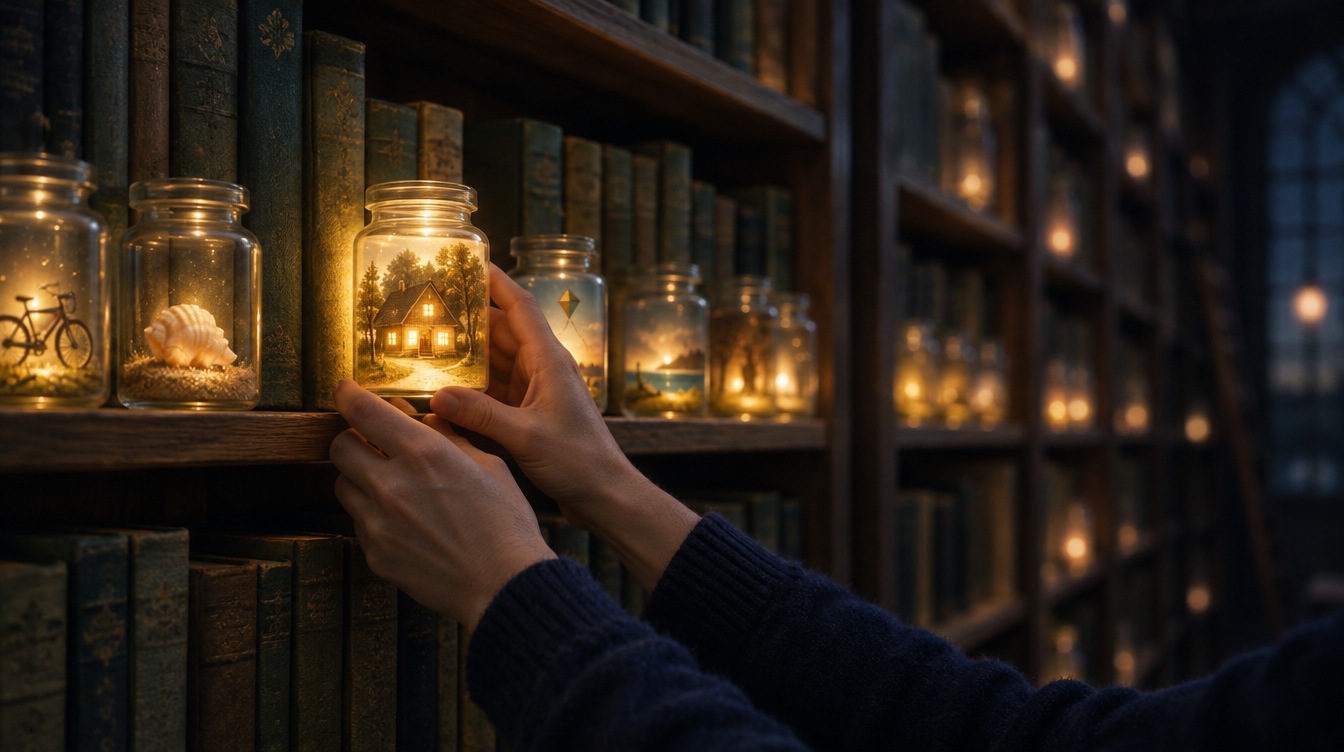Améliorer sa mémoire : des mains d’adulte rangent un bocal de souvenirs lumineux dans une bibliothèque