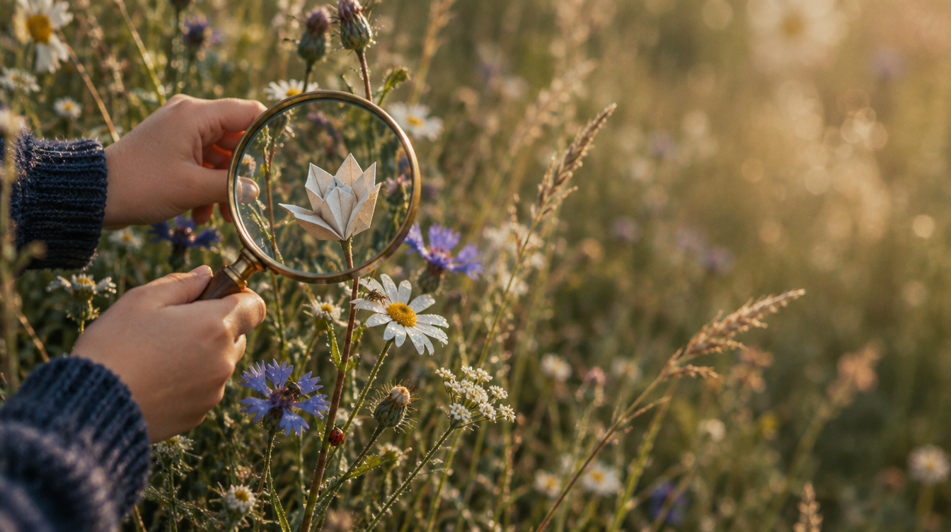 Esprit critique des enfants : des mains d’enfant tiennent une loupe au-dessus de fleurs des champs et révèlent qu’une des fleurs est une imitation en papier plié