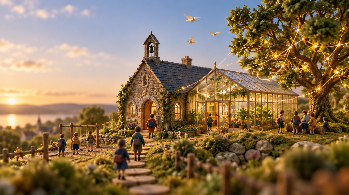 IA à l’école : une école miniature mi-pierre mi-serre au coucher du soleil, des enfants de dos y entrent sous un arbre aux fils de lumière