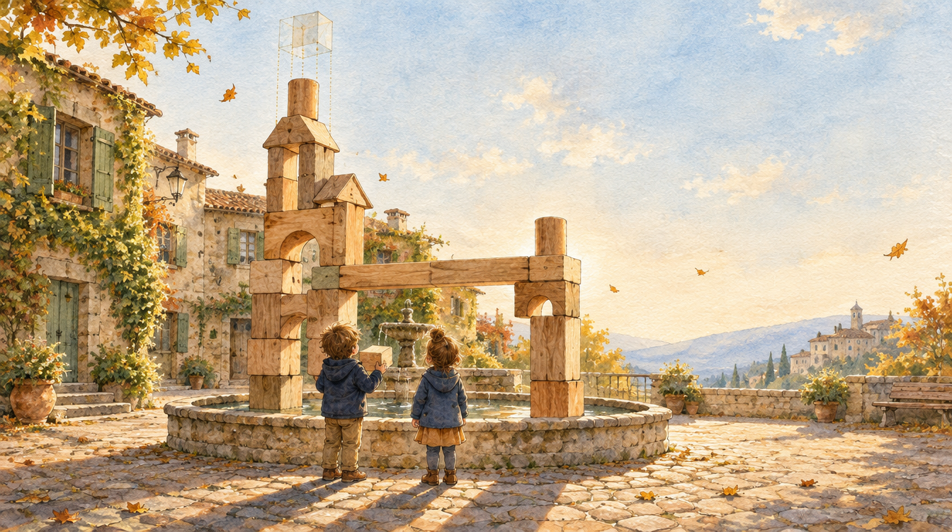 Jeux de construction : deux jeunes enfants de dos, sur une place de village en automne, imaginent où poser le prochain bloc de leur grande tour en bois